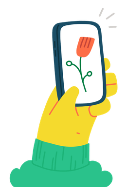 Gelbe Comic-Hand, die ein Handy mit Blume auf dem Bildschirm hoch hält. Ein Herz für grüne Ressourcen in der digitalen Welt. :)