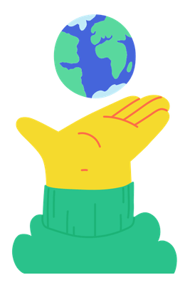 Gelbe Comic-Hand, die die Erdkugel hoch hält. Ein Herz für nachhaltiges Webdesign.