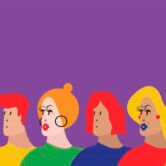 Eine kunterbunte Illustration zum Thema Pronomen in der E-Mail-Signatur, die acht Personen aus der LGBTQIA+ Community zeigt.