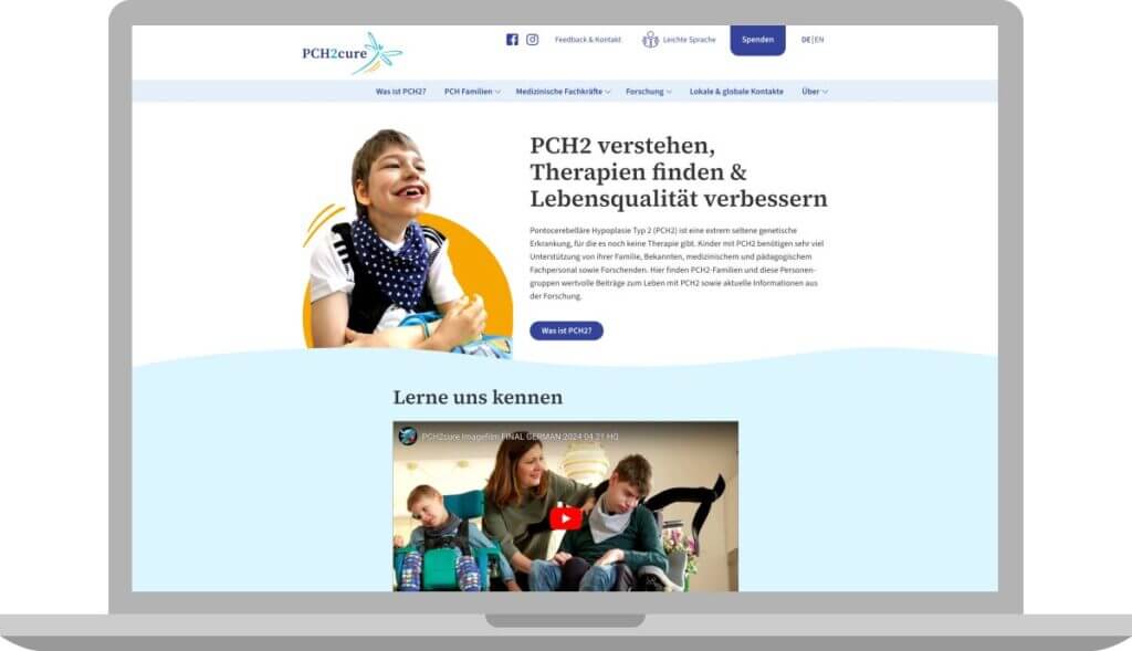 PCH2cure Homepage; Ansicht auf Laptop