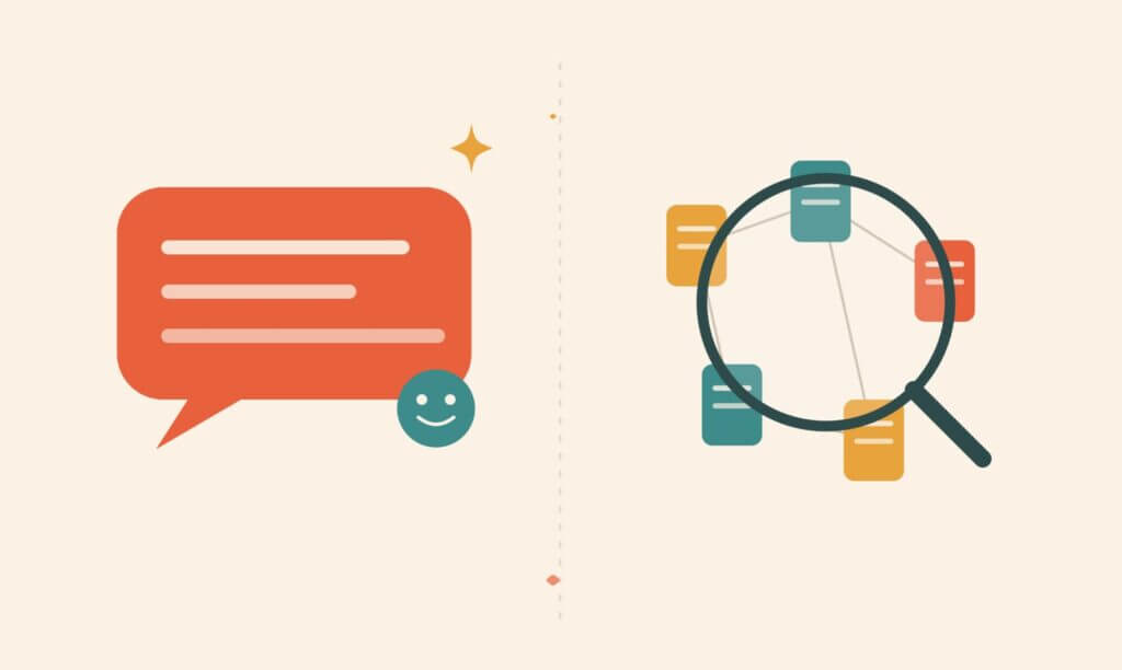 Illustration: Chat-Sprechblase für KI-Chatbot links, Dokumente mit Lupe für KI-Suche rechts